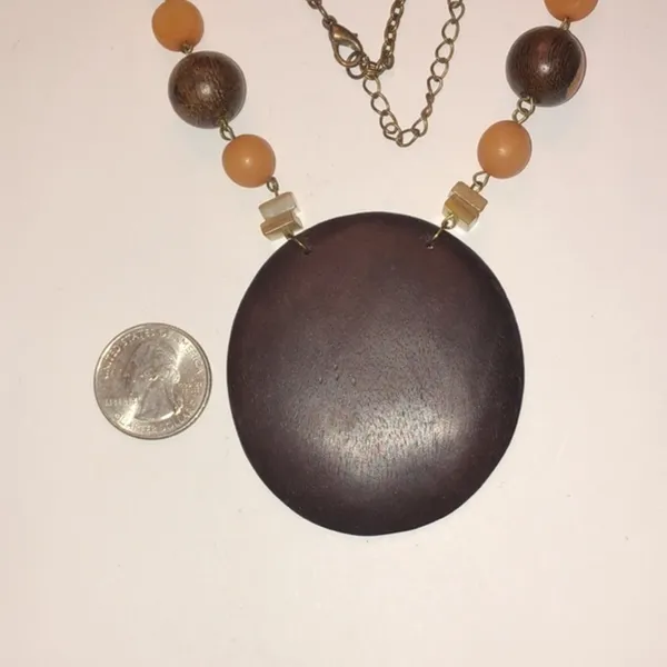 Vintage Wooden Pendant & Soft Satin Gold Beaded Chain Boho Necklace - Image 2
