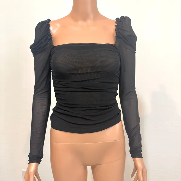 new Floerns small square neck puff sleeve ruched sheer top TLS2 3554 - Image 9