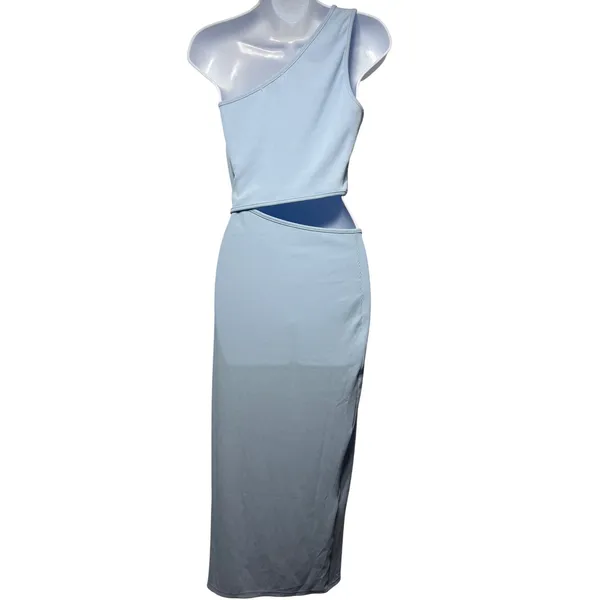 One Shoulder Cut Out Maxi Dress Small Light‎ Blue Ribbed Knit Slit - Image 2