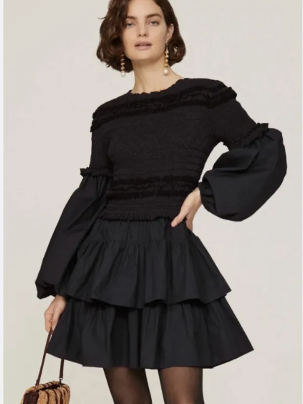 Ulla Johnson Black Smocked Tiered Ruffle Long Sleeve Nadia Dress Size 0 Women's - Image 2