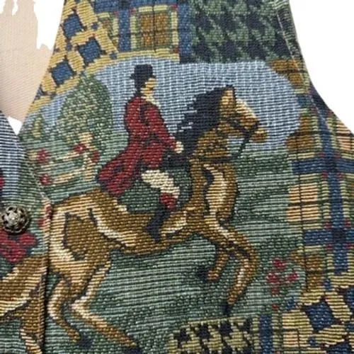 Wrapper Vintage Equestrian Tapestry Vest Womens Large Fox Hunt Plaid Made in USA - Image 5