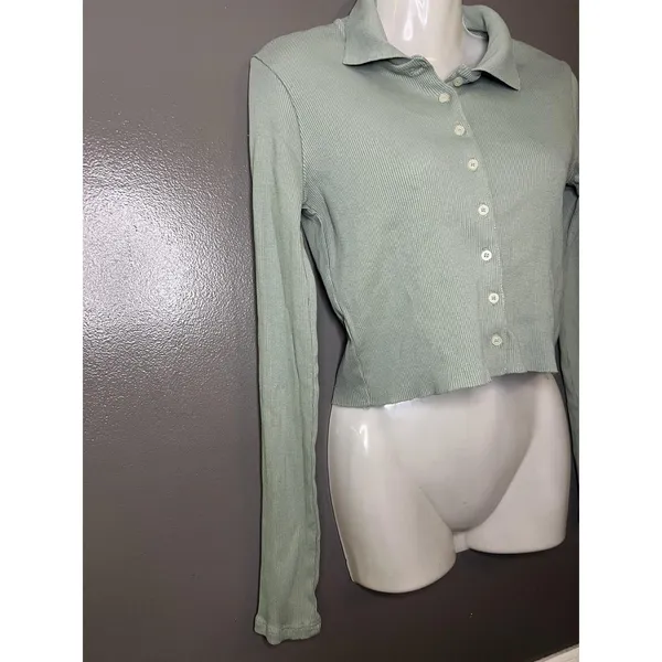 Brandy Melville Cardigan Sweater Womens Small Green Ribbed Button Front Cropped - Image 2