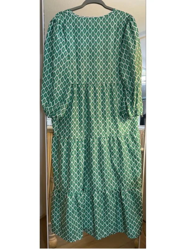 NEW 3/4 Sleeve Midi Fall Dress Boho Pleated V Neck Ruffled L - Image 4