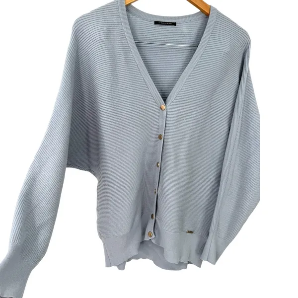 Tahari S V-neck button-down cardigan sweater Ribbed Soft Oversized Knit Blue - Image 3