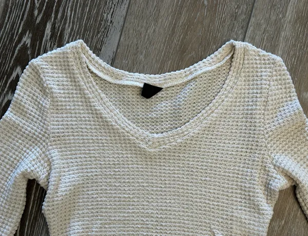 SheIn Sz S Long Sleeve Waffle Weave Cream Ivory Knit Top - Image 4