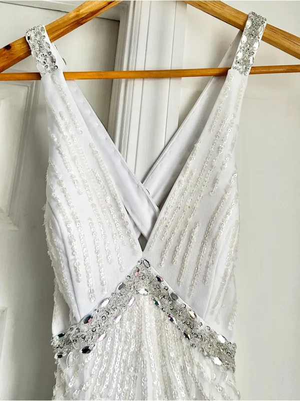 Elegant White Beaded V-Neck Halter Criss Cross Evening Prom Dress - Image 4