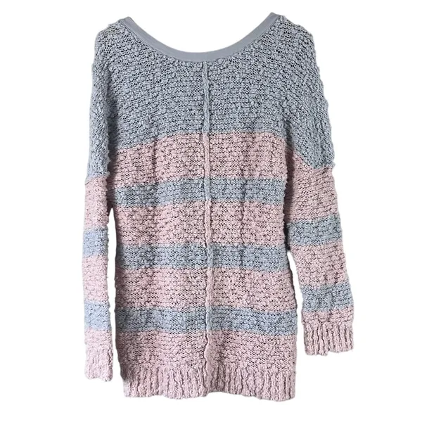 Free People Songbird Sweater V-Neck Striped Bouclé Knit Pink Gray Tunic Size M - Image 5