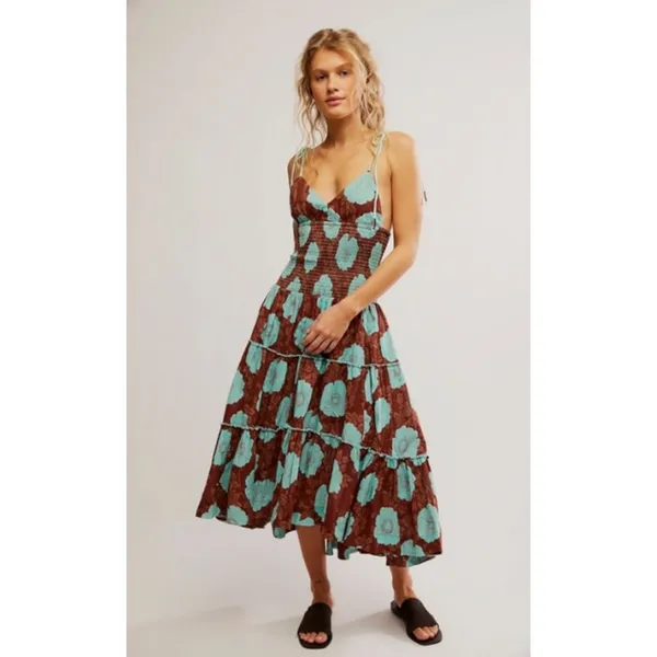 Free People Bohemian Beachy Hawaiian Adriel Midi Dress Brown Blue Floral Small - Image 12