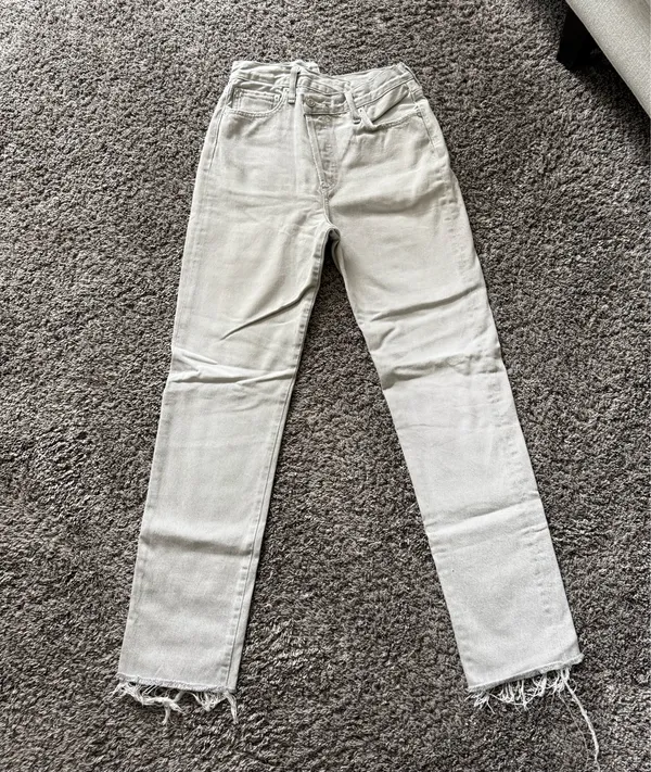 Agolde Criss Cross Light Gray Cropped Frayed Hem Jeans - Image 2
