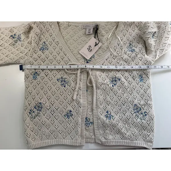 Sincerely‎ Jules Floral Embroidered Pointelle Knit Tie Front Cardigan Cream M - Image 6