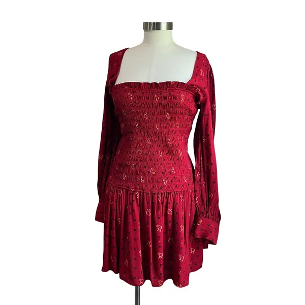 Free People Ruby Combo Two Faces Smocked Mini Dress Red Boho‎ Small NWT - Image 2