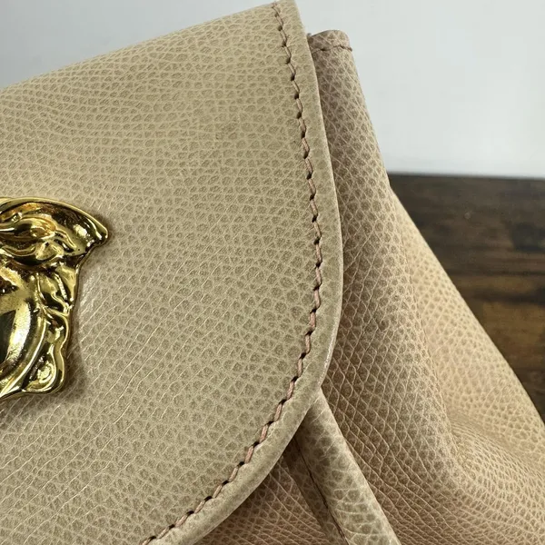 Gianni Versace Vintage Backpack Bag Womens Mini Beige Leather Italy Medusa Gold - Image 14