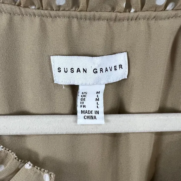 Susan Graver Tan White Polka Dot Sheer Chiffon Raglan Sleeve Peasant Top Medium - Image 3