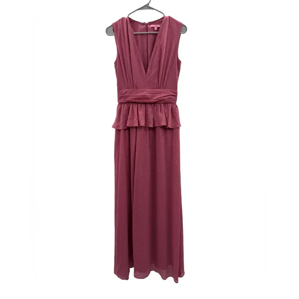 Revolve RTR LDT‎ Pink Rose Metallic Peplum Waist Sleeveless V Neck Maxi Gown Dress Sz 2 - Image 4