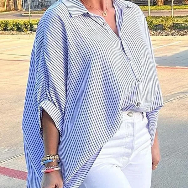 Classic Blue Striped Button Down Shirt for Women Size M - Image 2