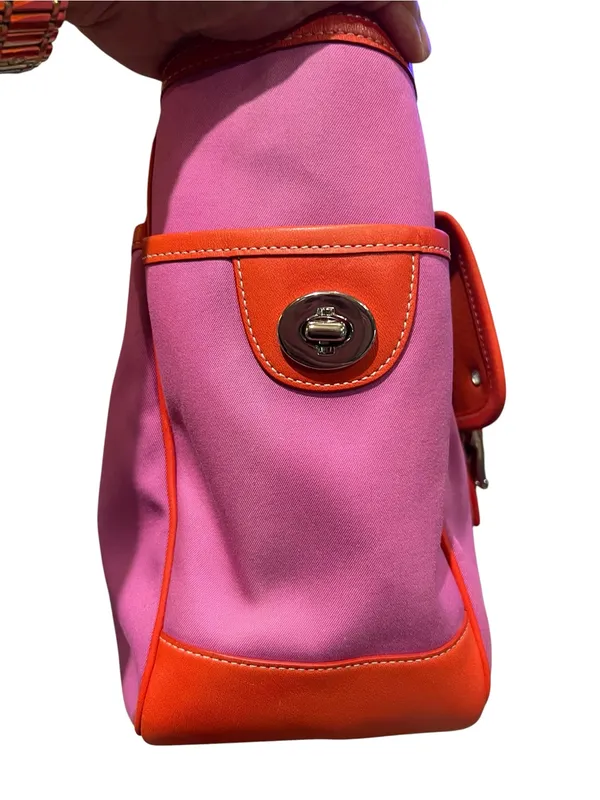 Vintage Coach Twill Garden Tote featuring a fuchsia/pink canvas orange trim - Image 4