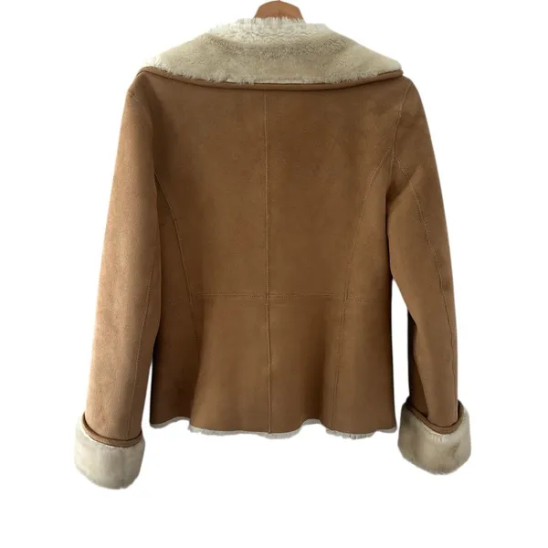 Vintage LOFT Faux Shearling Jacket Small Tan Suede Fur Lined 90s Y2K winter coat - Image 2