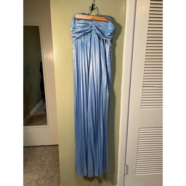 Women's Size Medium Strapless Maxi Dress Plisse Pleated Light Blue Corset Back - Image 2