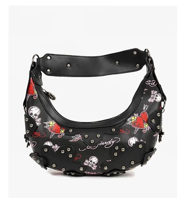 🔥 NWT Ed Hardy Y2K Tattoo Print Studded Hobo Bag Black 🖤 - Image 8