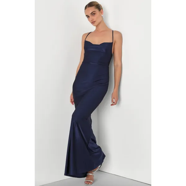 Lulus Iconic Allure Navy Blue Cowl Neck Lace Up Ruched Maxi Dress Stretch XS NWT - Image 3