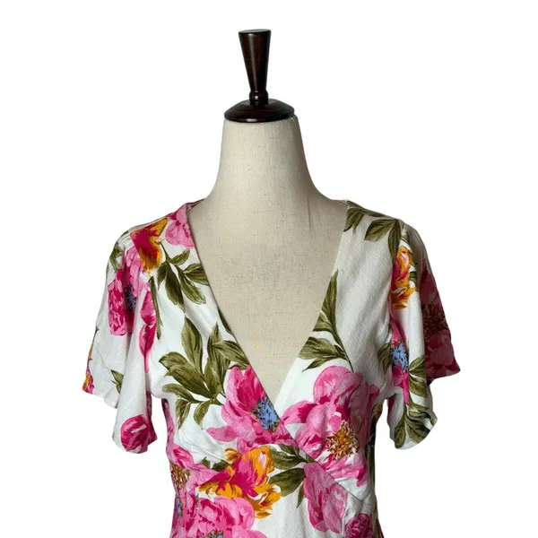 White Closet Maxi Dress Women Medium White Pink Linen Floral Boho Cottagecore - Image 4