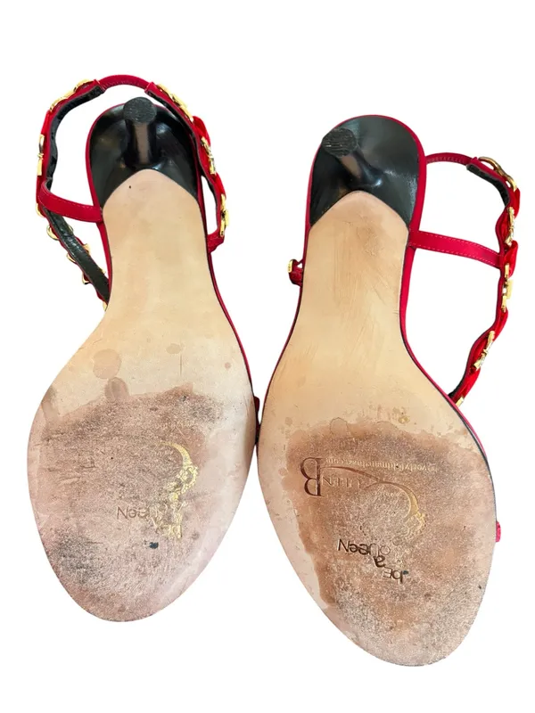 VTG Beverly Feldman Satin Gold & Rhinestone Lipstick Red 3” Stiletto Heel Sz 10 - Image 5