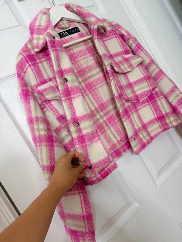 Zara Cropped Plaid Shacket Jacket Pink Cream Fuzzy Cozy Preppy Fall Size S - Image 9