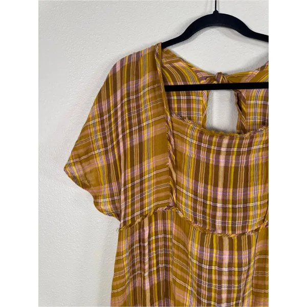 Anthropologie Yellow Pink Plaid Mini Dress Womens L Babydoll Boho Tie Back - Image 16
