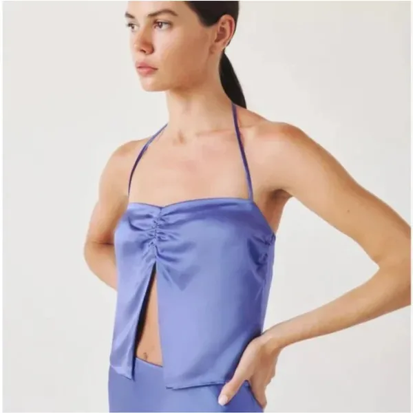 NWT Reformation Beba Silk Top Jacaranda Tie Neck Split Cropped Womens Size 0 - Image 3