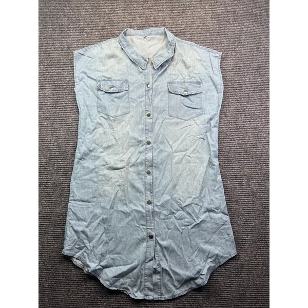 Sleeveless Light Wash Chambray‎ Denim Shirt Dress Snap Front Collared Blue Large - Image 2