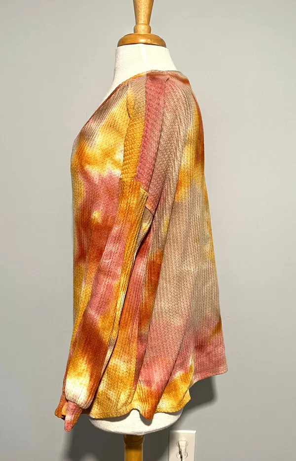 BiBi Colorful Pink Yellow Tan Colorful Tie Dye Waffle Knit Top Shirt - Image 4