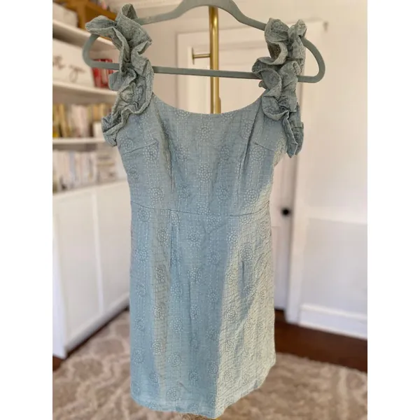 Selfie‎ Leslie Sage Green Mini Dress Embroidered Ruffle Quiet Luxury Romantic XS - Image 2