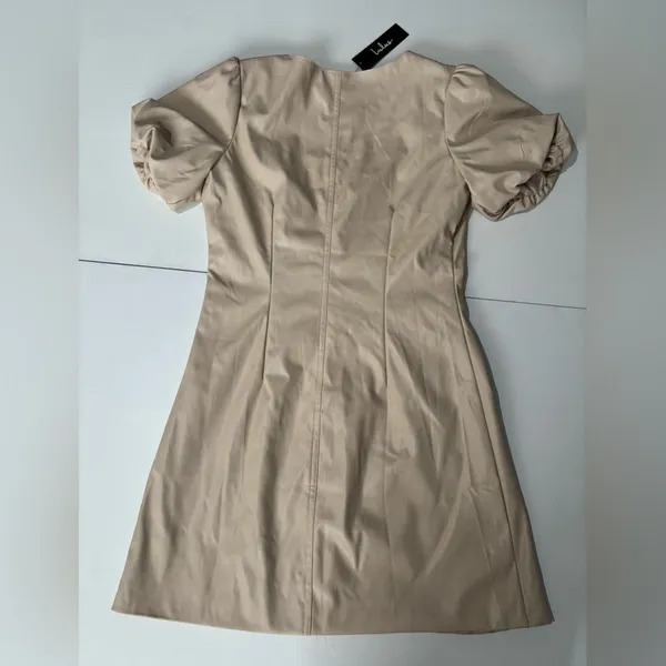 Lulus Beige Faux Leather Puff Sleeve Button Front Mini Dress - Image 6