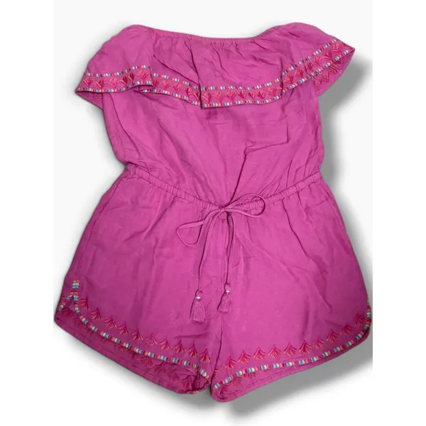 Vineyard Vines Pink Linen Blend Embroidered Strapless Ruffle Romper XXS - Image 4