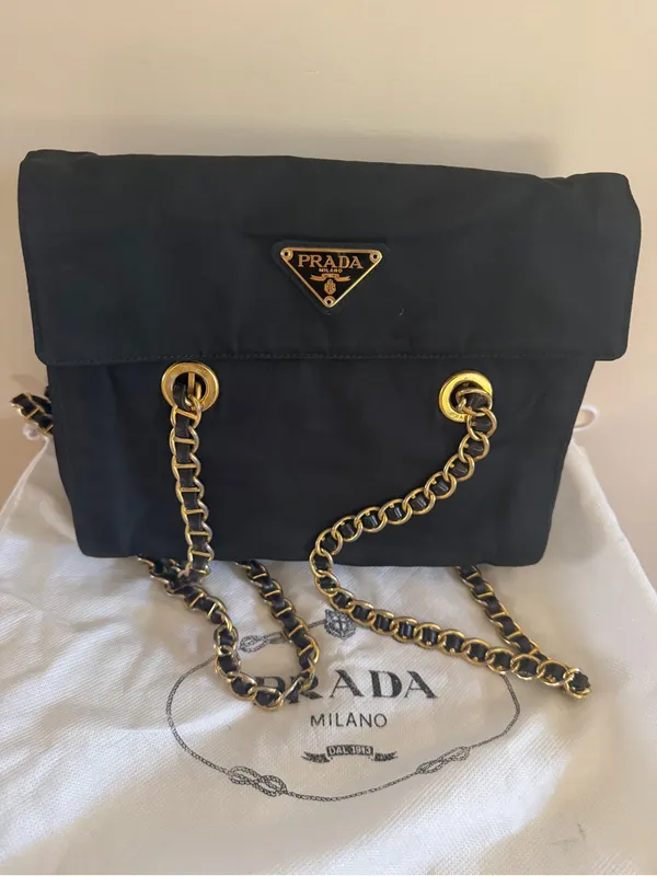 Prada Tessuto Nylon Chain Shoulder Bag Black Triangle Logo Pre-owned Auth VTG - Image 5