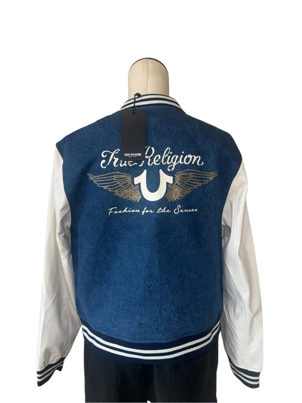 NWT True Religion $239 crystal wing denim varsity jacket Large Blue White Small - Image 7