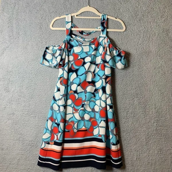 Kaari Blue Dress Womens‎ S Small Floral Pattern Blue Red White Cold Shoulder - Image 2