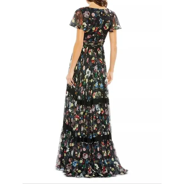 Mac Duggal Size 2 Black Floral Plunge V Neck Lace Maxi Long Formal Gown Dress - Image 5