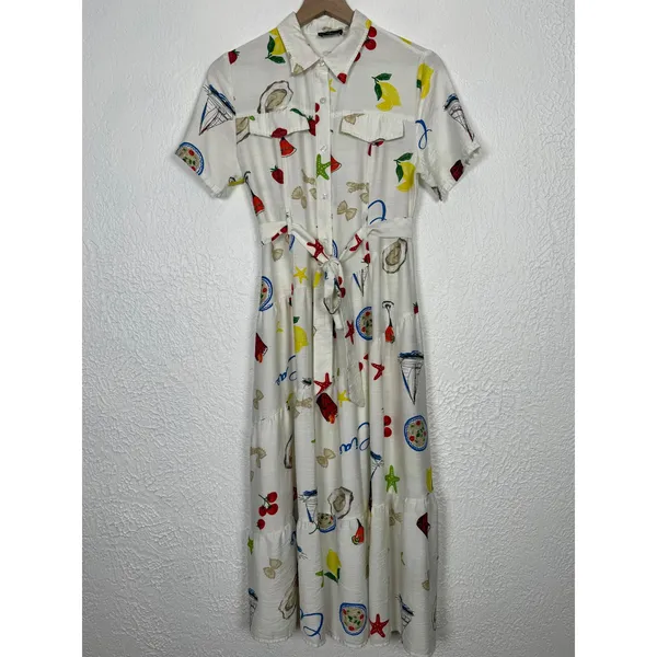Milk & Honey Printed Button Front Belted Short Sleeve Midi Dress Size Small - Image 2