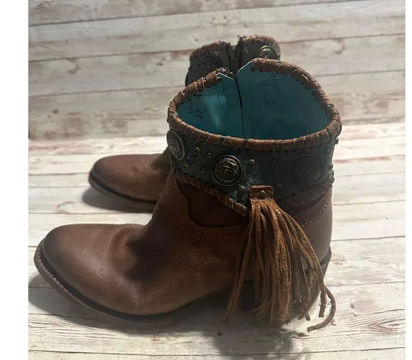 Corral Emma Ankle Boots Western Women's Size 7.5 Brown Turquoise Fringe Leather - Image 3