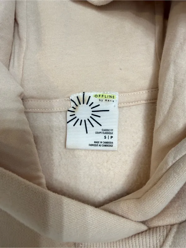 aerie Neutral Beige 'OFFLINE' Hooded Pullover Sweatshirt Size Small - Image 5