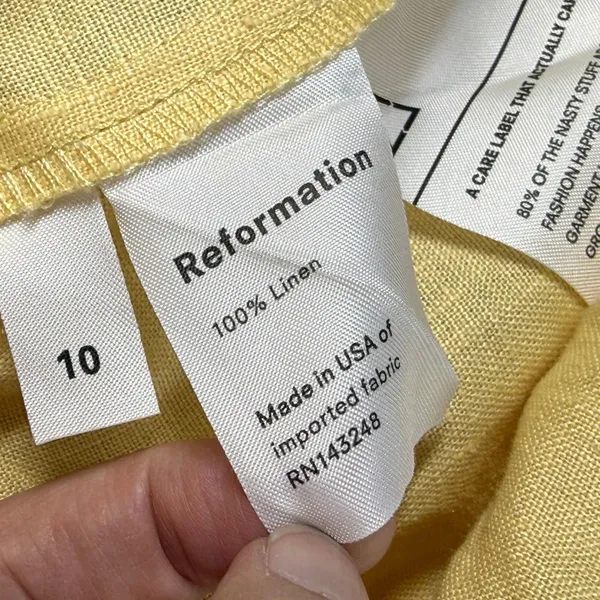 Reformation Yellow Linen Ruffle Smocked Mini Dress Size 10 Off Shoulder Summer - Image 3