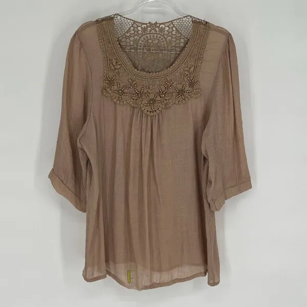 MAD STYLE Womens Boho Blouse Large Brown Crochet Lace Sheer Peasant Top Festival - Image 2