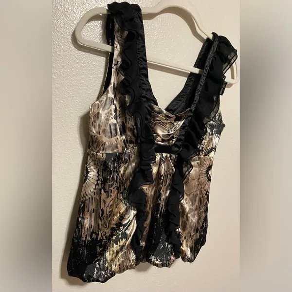 Grass Collection Ruffle Front Satin Tank | Black Cream Floral Blouse | Size M - Image 5