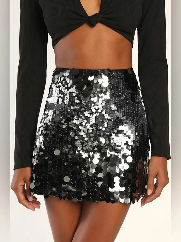 Lulus Iconic Shimmer Silver Sequin High-Waisted Mini Skirt Size XL - Image 2