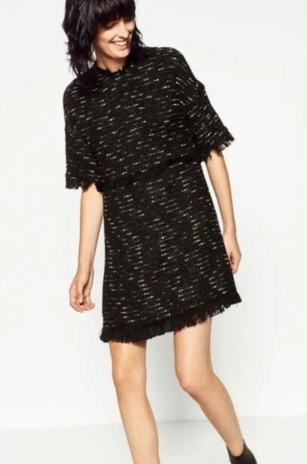 Zara Black Fringe Tweed Textured Knit Wide Sleeve Aline Mini Dress Medium - Image 4