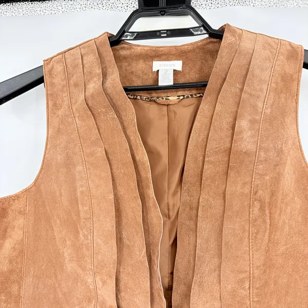 Chicos Brown Genuine Suede Vest Sz 2/L Boho Coastal Cowgirl Y2K Pleated Western - Image 3