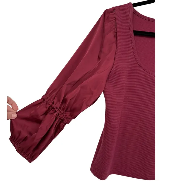 Anthropologie Maeve Ribbed Tiered Sleeve Mixed Media Top‎ Burgundy Size Small - Image 8
