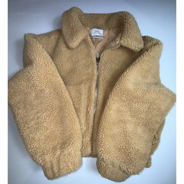 UO Urban Outfitters Cropped Teddy Jacket Fleece Deep Pile Sherpa Brown‎ M - Image 6