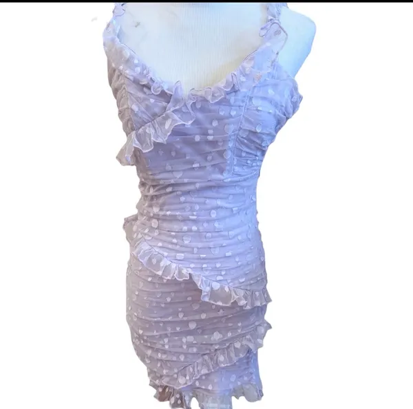 NWOT Hello Molly Pastel Purple Bodycon Ruffle Mini Dress Polka Dot Mesh M - Image 5